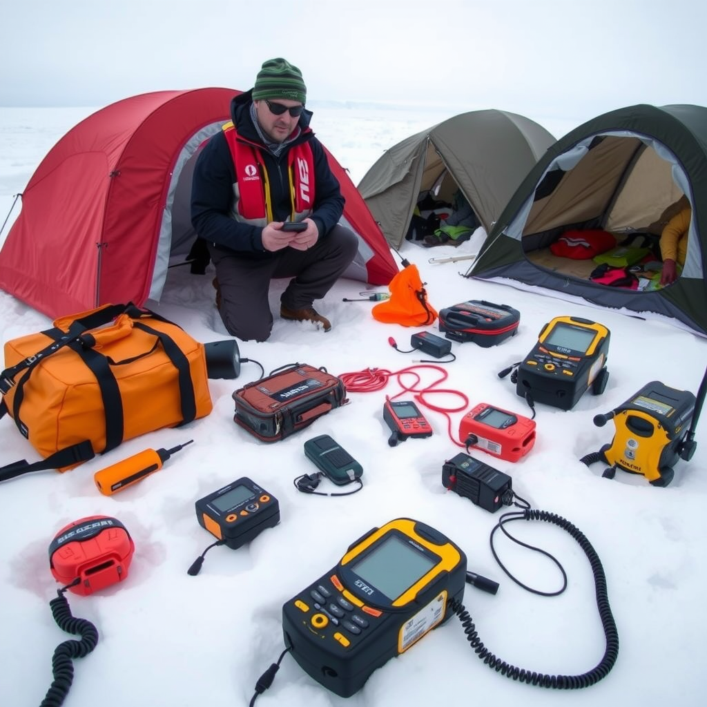 Professional Arctic safety equipment including avalanche beacons, emergency shelters, and communication devices laid out on snow with safety guide demonstrating proper use