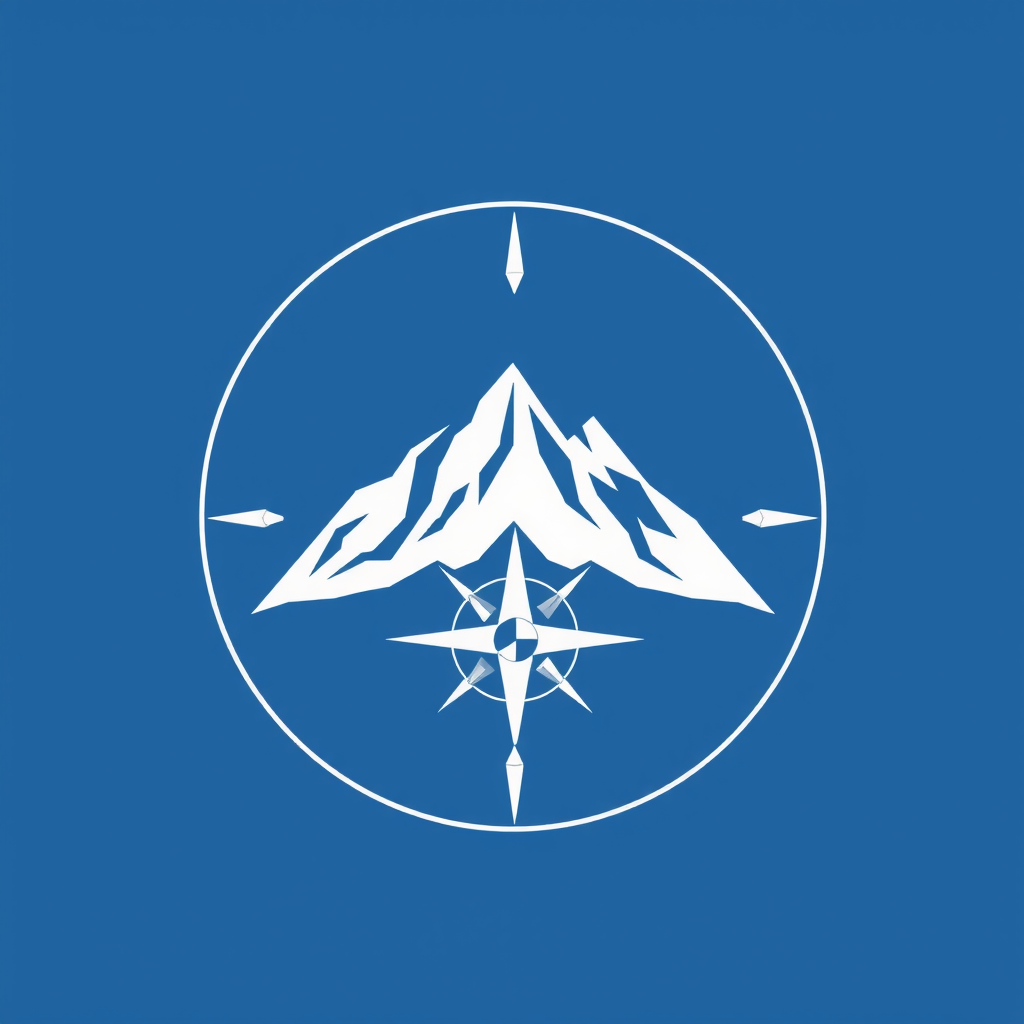 Mantle Travel Agency logo featuring mountain peaks and compass design in white on blue background