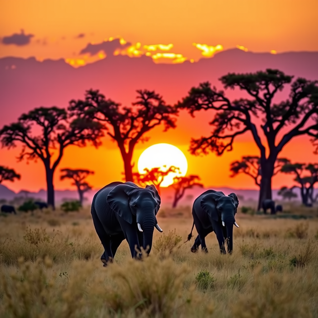 Majestic African elephants walking across the golden savanna at sunset in Kenya's Maasai Mara, with acacia trees silhouetted against an orange and purple sky