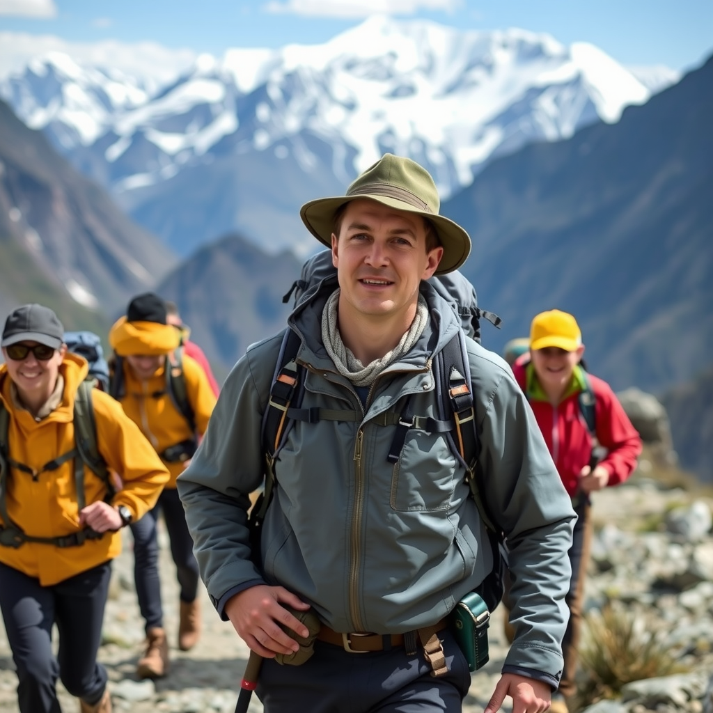 Professional mountain guide leading a group of trekkers through dramatic alpine terrain with snow-capped peaks in the background
