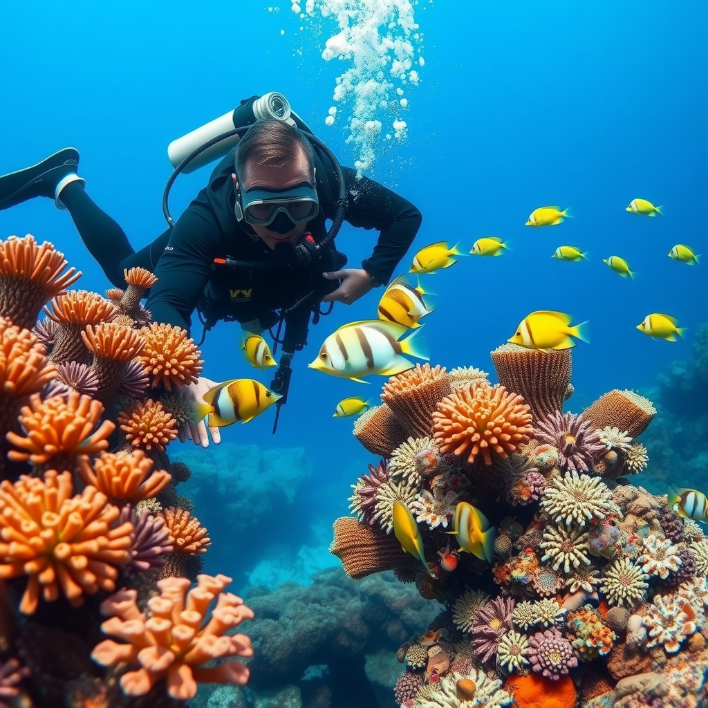 Professional scuba diver exploring vibrant coral reef with tropical fish swimming around colorful coral formations in crystal clear blue water