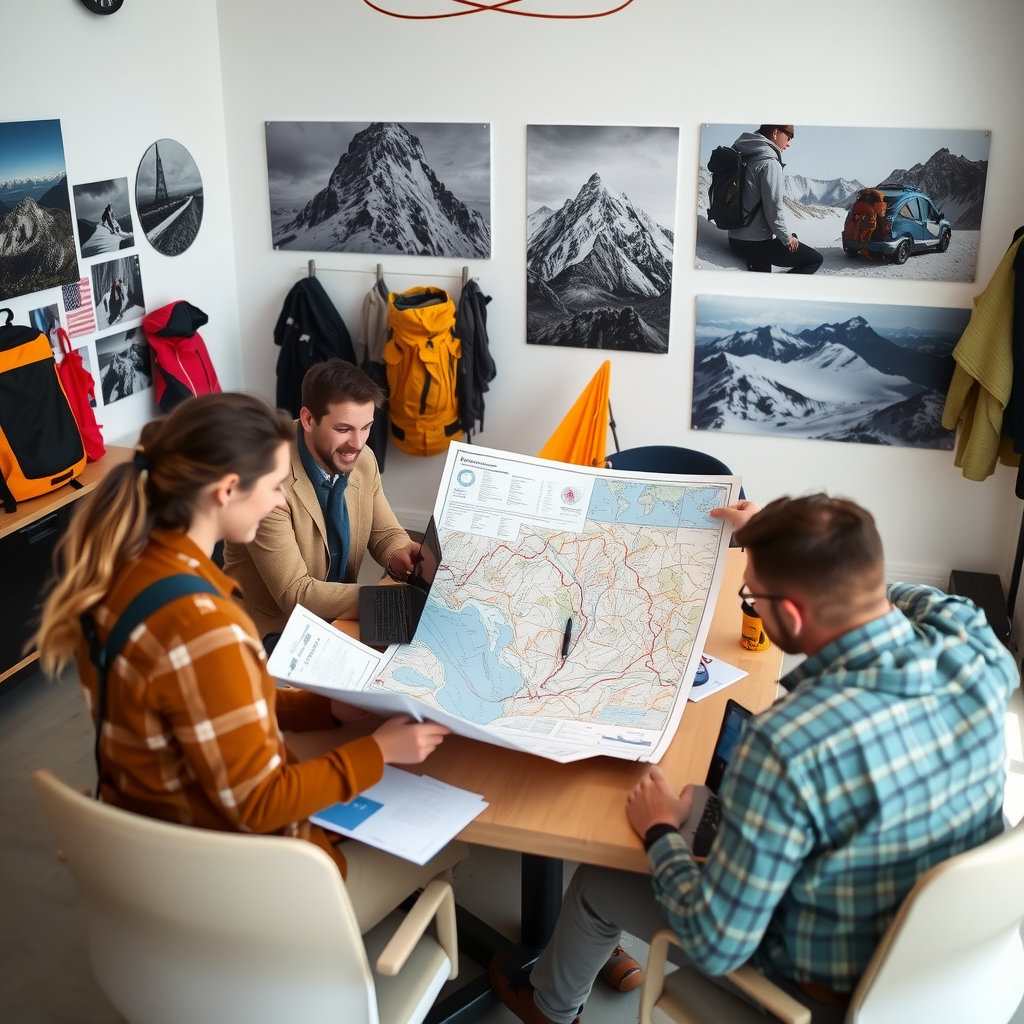 Adventure planning team reviewing maps and routes in a modern office with outdoor gear and expedition photos on the walls