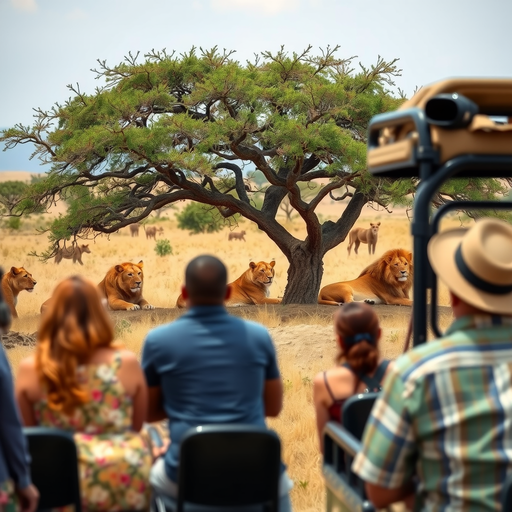 A group of adventure travelers on safari watching a pride of lions resting under an acacia tree in Tanzania's Serengeti, with their safari vehicle positioned at a respectful distance