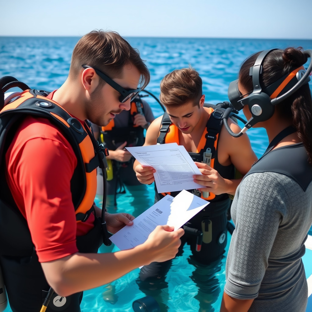 Professional diving instructor checking safety equipment and insurance documentation with students before a deep-sea diving expedition in crystal clear Mediterranean waters