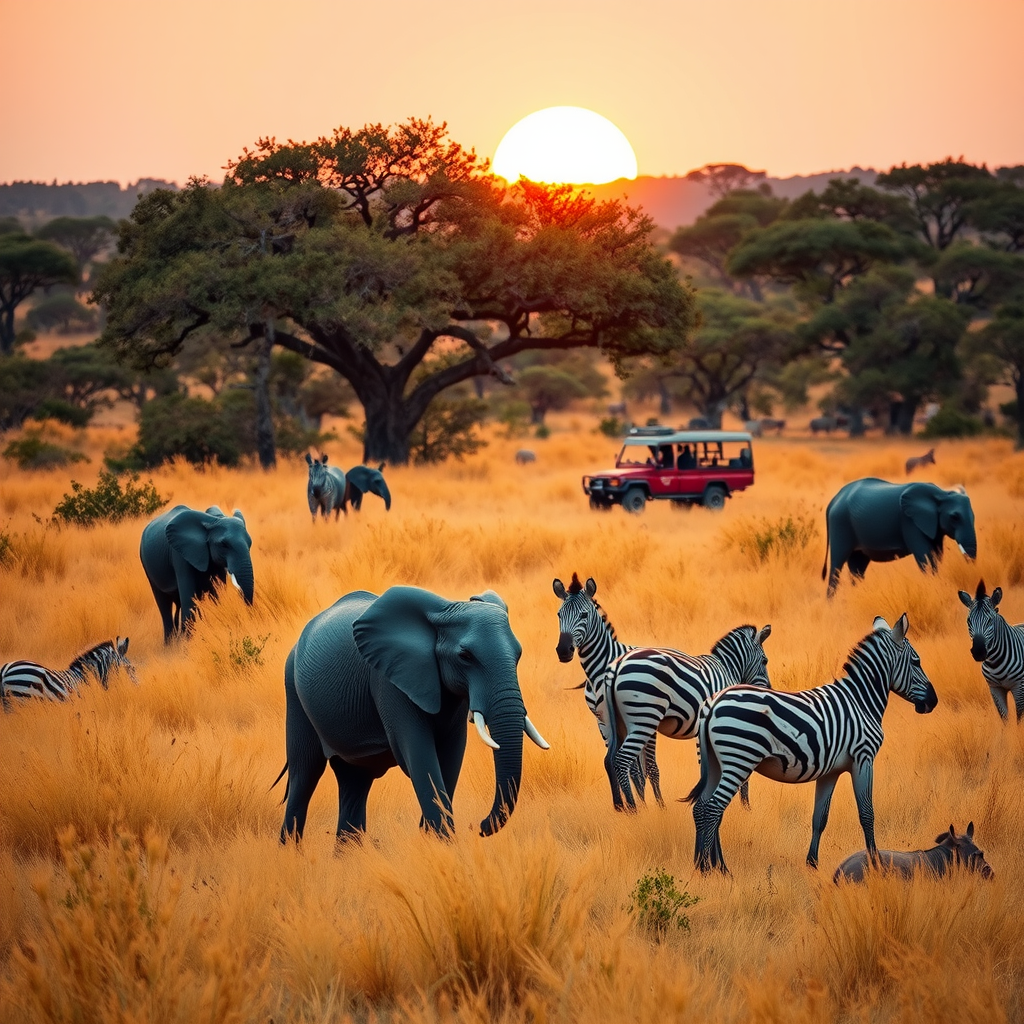 African safari scene with elephants and zebras grazing in golden savanna grassland with acacia trees, safari vehicle in background during golden hour sunset