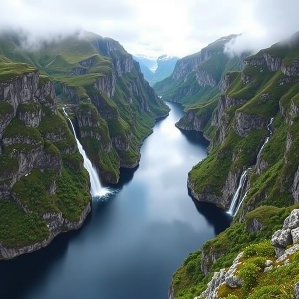Dramatic Norwegian fjord landscape with steep cliffs, cascading waterfalls, and deep blue waters surrounded by lush green vegetation