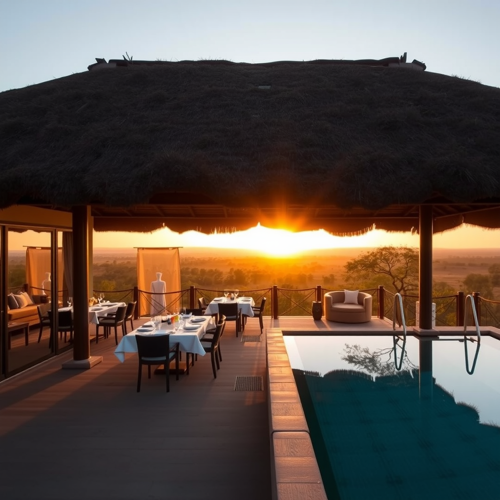 Elegant luxury safari lodge with thatched roof overlooking African wilderness, featuring outdoor dining area and infinity pool at golden hour