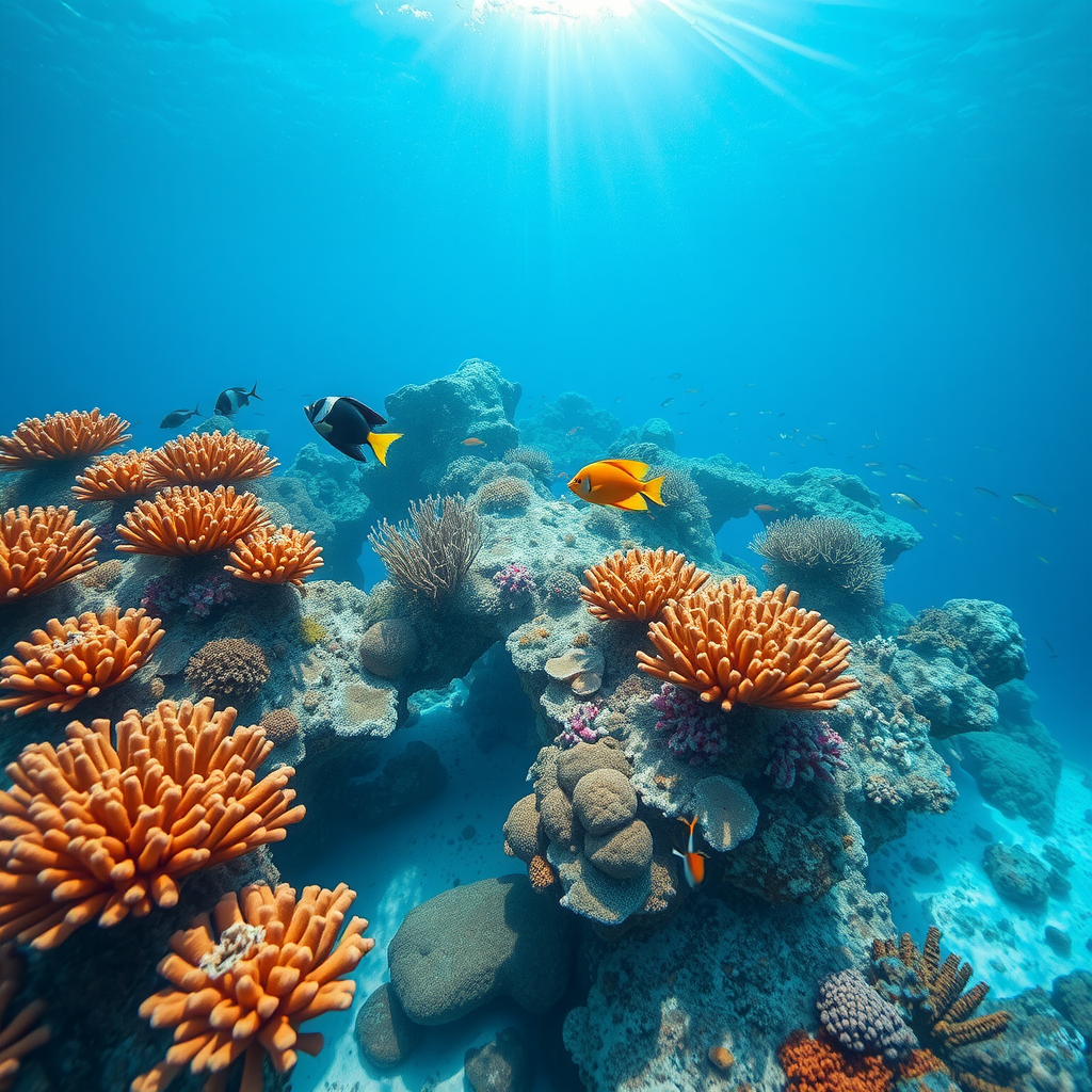 Pristine coral reef in the Maldives with crystal clear turquoise water, colorful tropical fish, and vibrant coral formations under bright sunlight