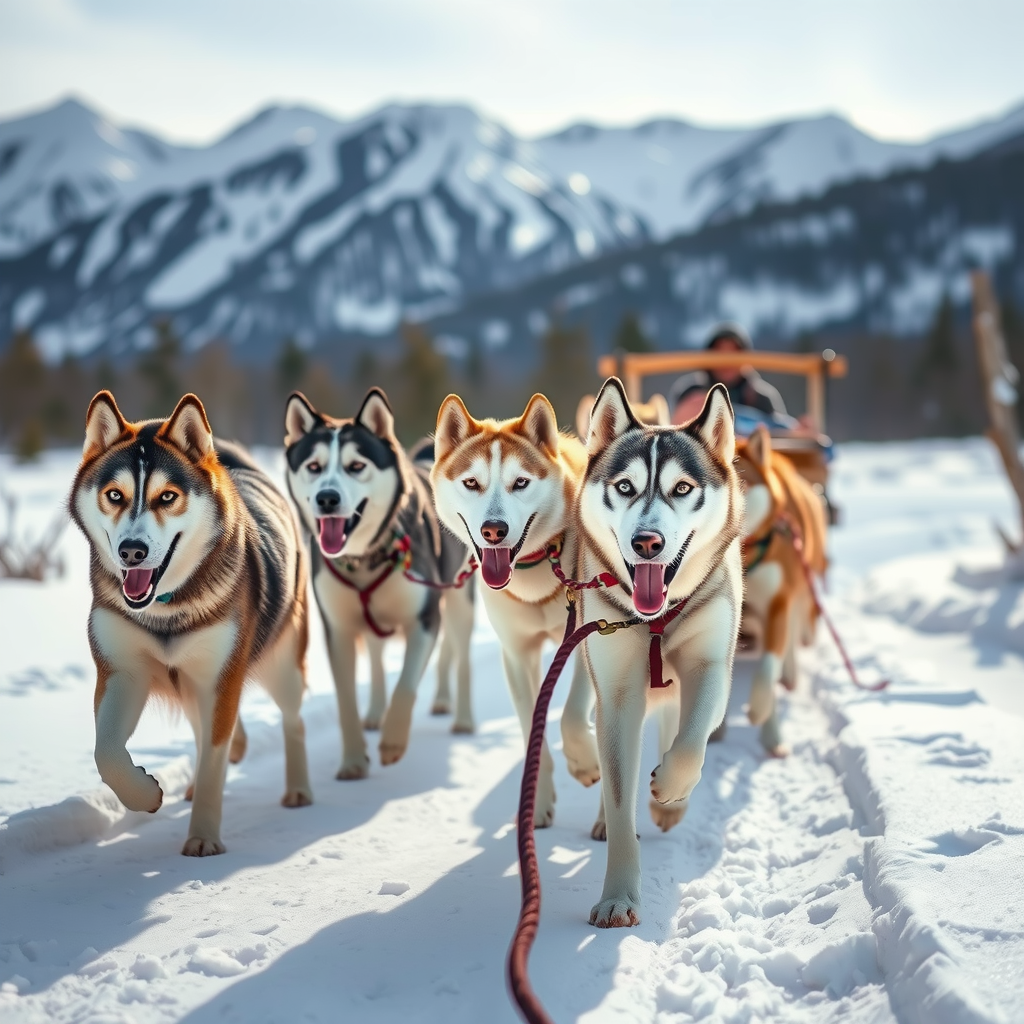 Team of energetic Siberian Huskies pulling a traditional wooden sled through pristine Arctic snow with mountains in the background