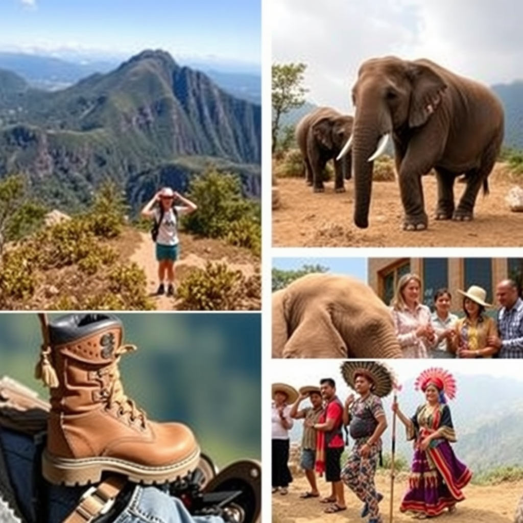 Collage showing trekking boots on mountain trail, wildlife photographer capturing elephants, and travelers experiencing local cultural ceremony with traditional dancers