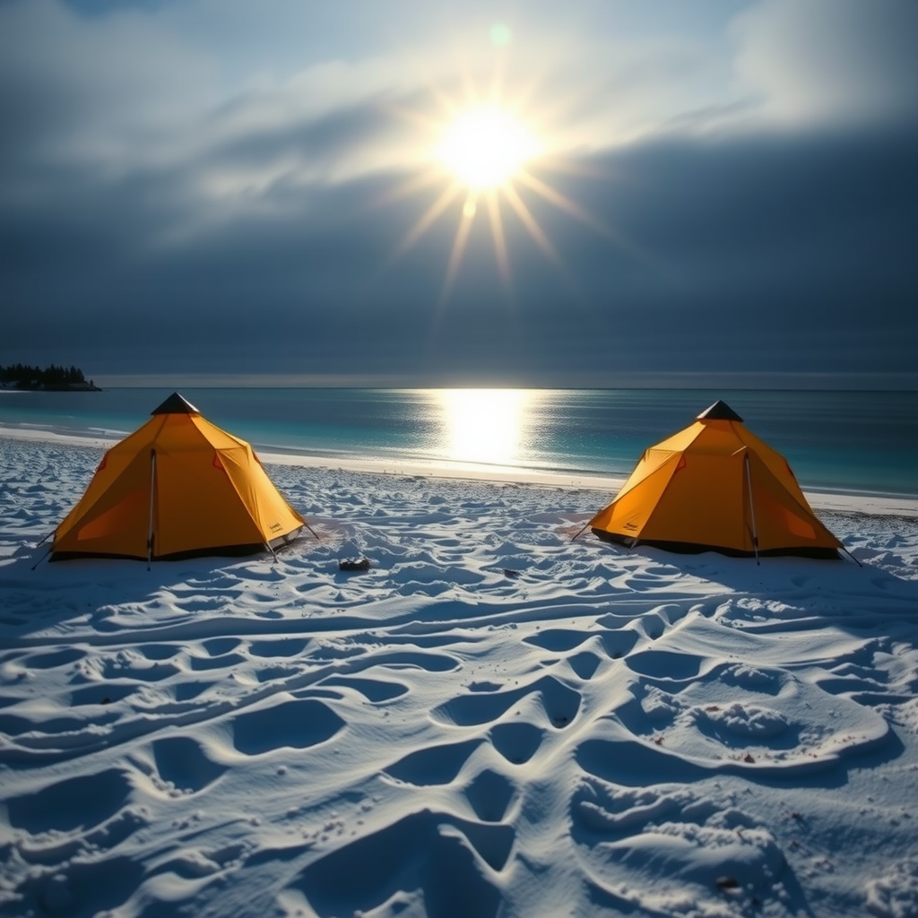 Camping tents set up on Kvalvika Beach with the midnight sun illuminating the pristine white sand beach and crystal-clear Arctic waters