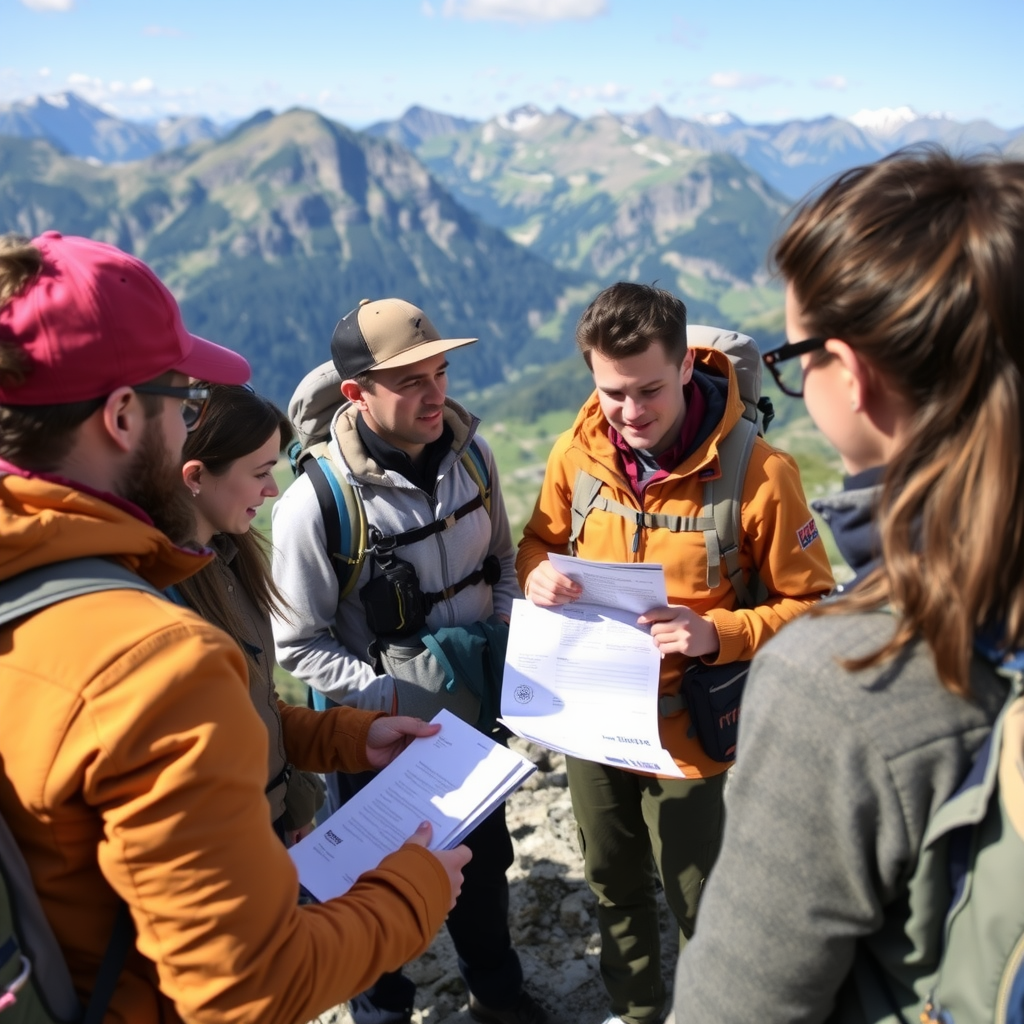 Adventure travel group reviewing insurance documents and safety protocols before embarking on a multi-day trekking expedition through scenic European mountain terrain with professional guides