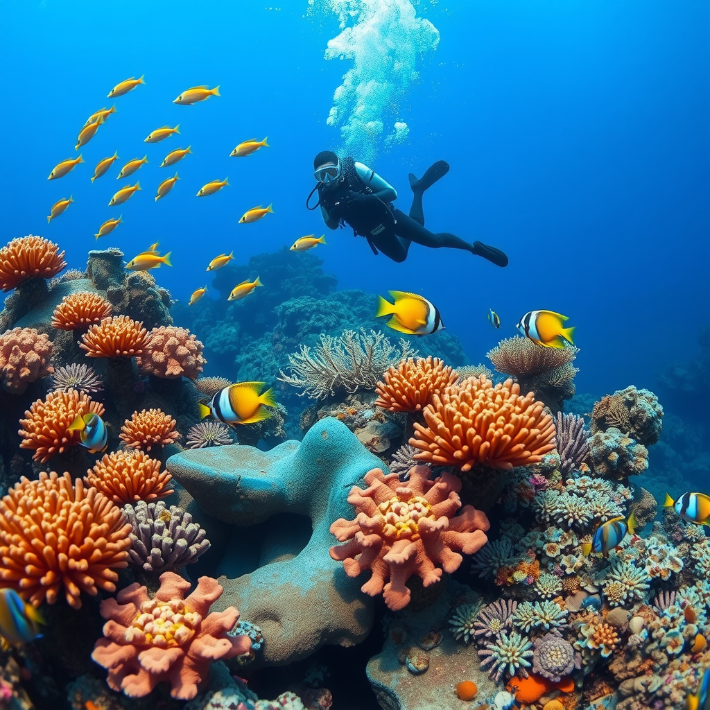 Underwater coral reef scene with colorful tropical fish, scuba diver in full gear exploring vibrant coral formations in crystal clear blue water