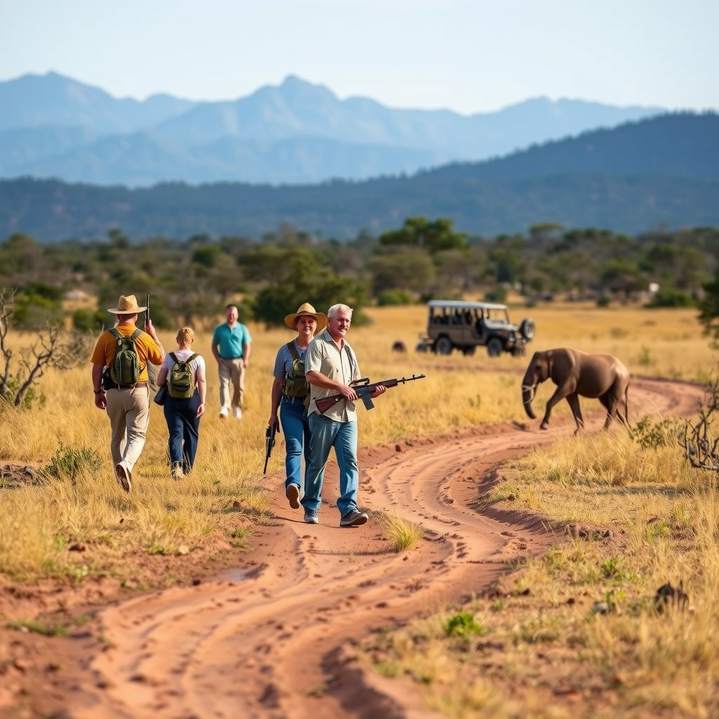 Small group of safari guests walking with armed guide through African bush landscape with distant mountains and wildlife tracks visible in foreground