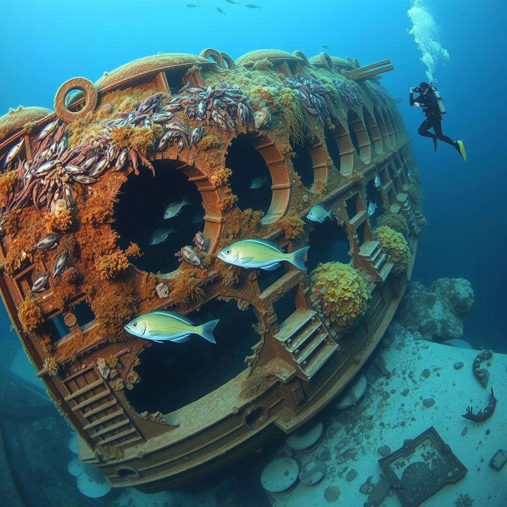 Historic shipwreck on the ocean floor in the Red Sea with marine growth covering the vessel, schools of fish swimming through the structure, and divers exploring the wreck