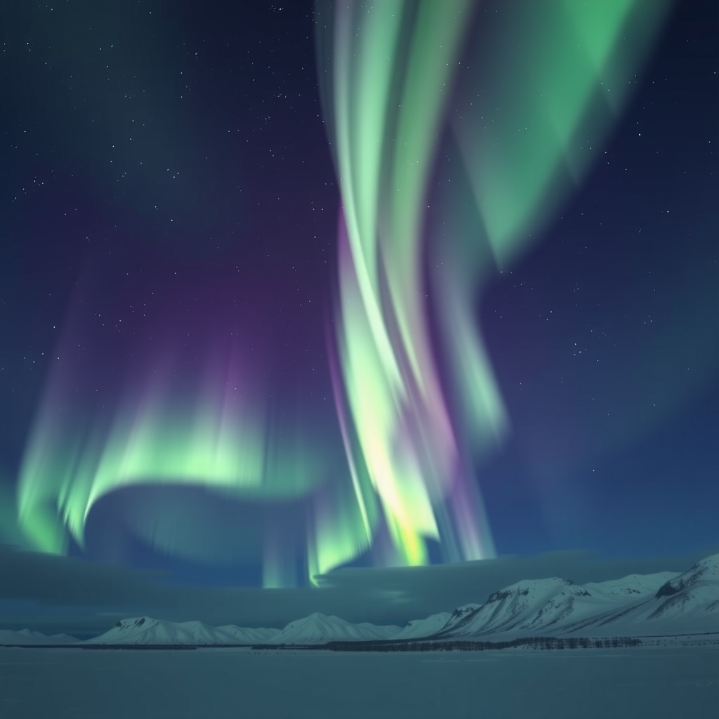 Spectacular Northern Lights Aurora Borealis with green and purple colors dancing across the dark Arctic sky above a snowy landscape