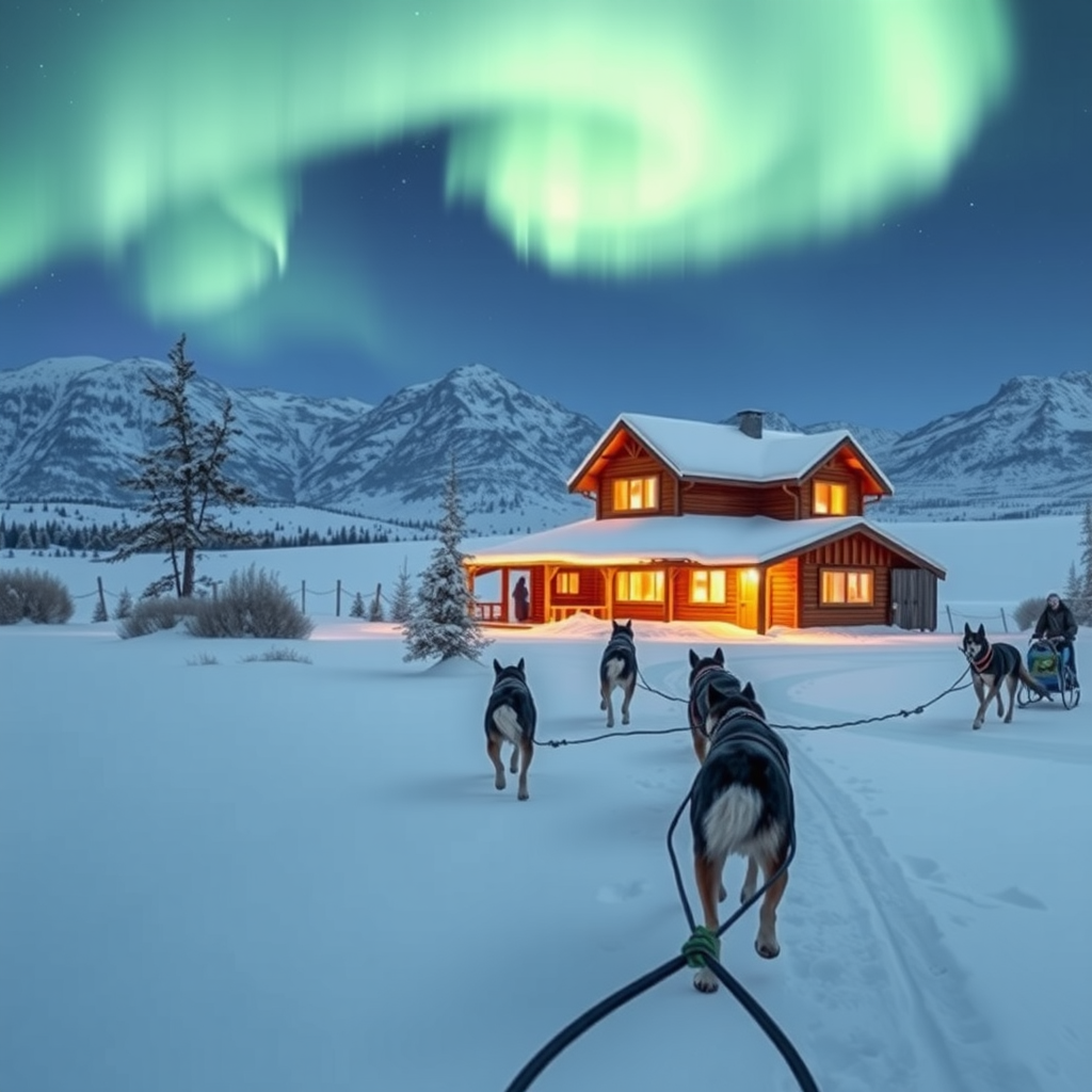 Norwegian Arctic landscape with dog sled team running across snowy terrain under Northern Lights aurora borealis, traditional wooden lodge in background with snow-covered mountains