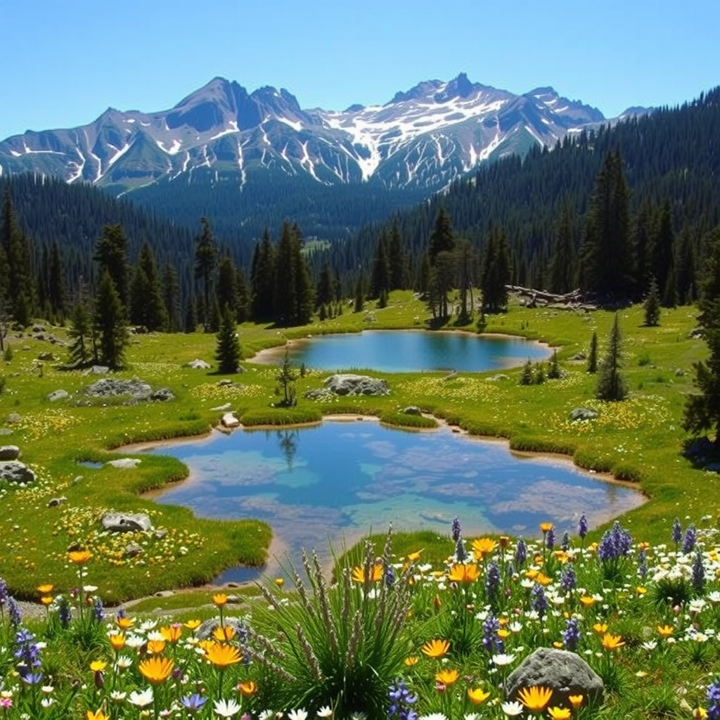 Pristine alpine wilderness with wildflower meadows, crystal clear mountain lakes, dense forests, and rugged mountain peaks under blue sky