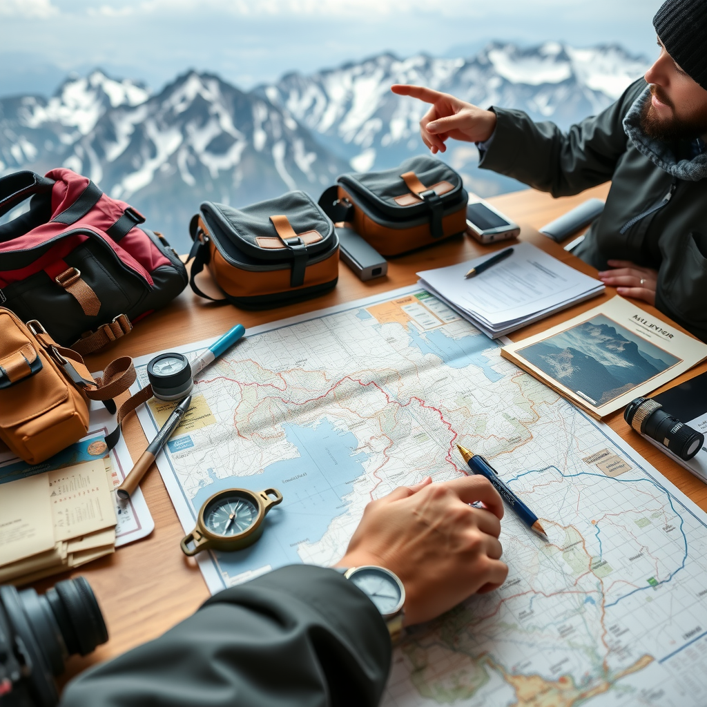 Adventure planning scene with detailed maps, compass, outdoor gear, and travel documents spread on wooden table, professional adventure guide pointing at mountain routes
