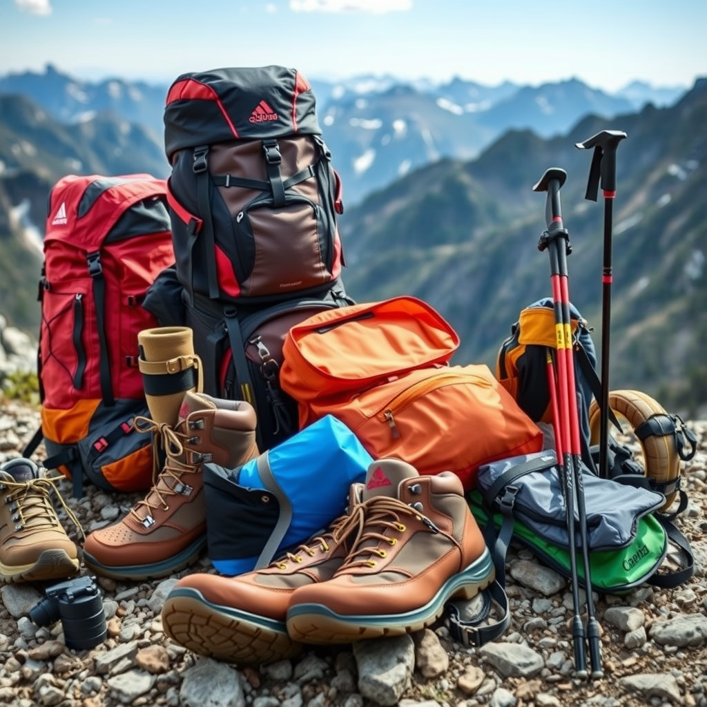 High-quality trekking equipment including professional backpacks, hiking boots, trekking poles, and camping gear arranged on mountain terrain