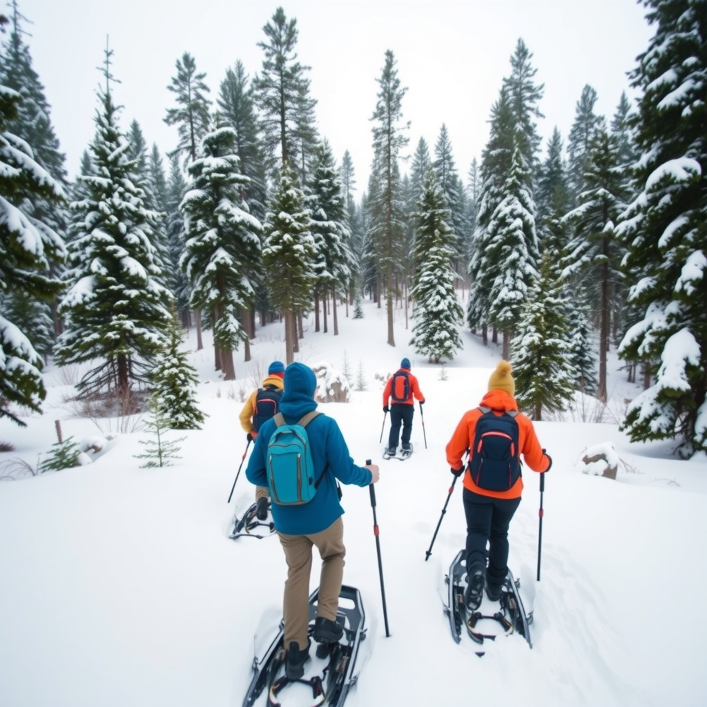Group of adventurers on snowshoes trekking through a pristine snow-covered forest with tall pine trees and untouched wilderness