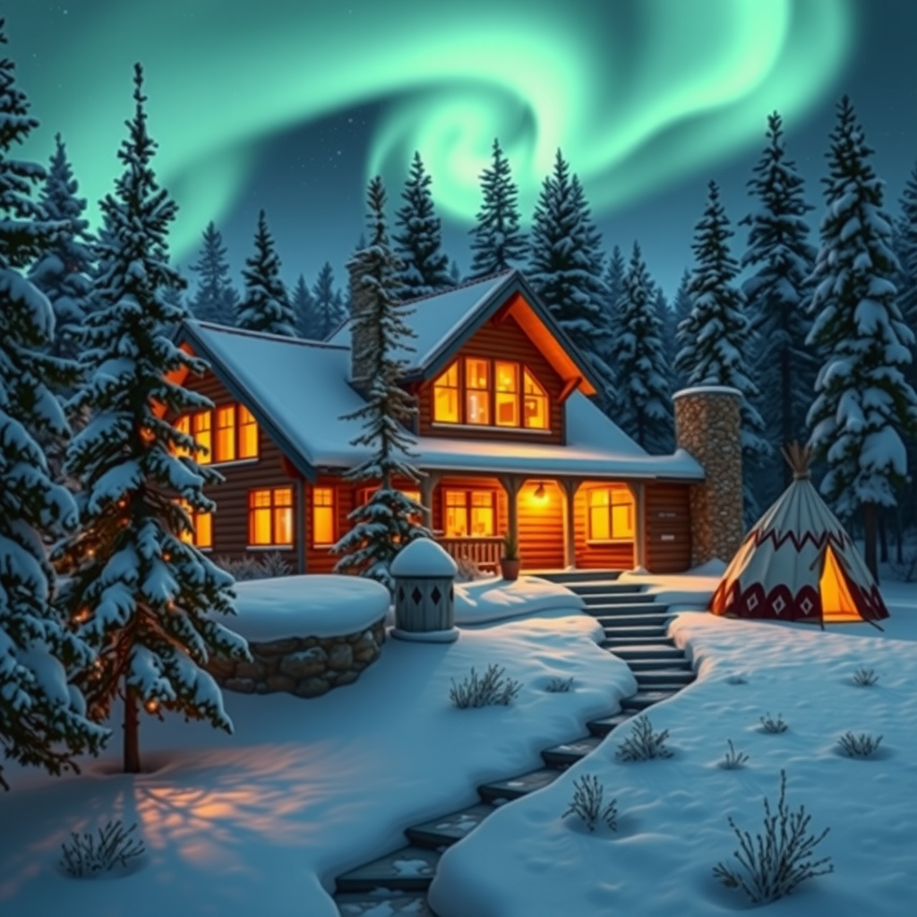 Cozy wilderness lodge with warm lights glowing through windows, surrounded by snow-covered pine trees under the Northern Lights, traditional Sami tent visible nearby