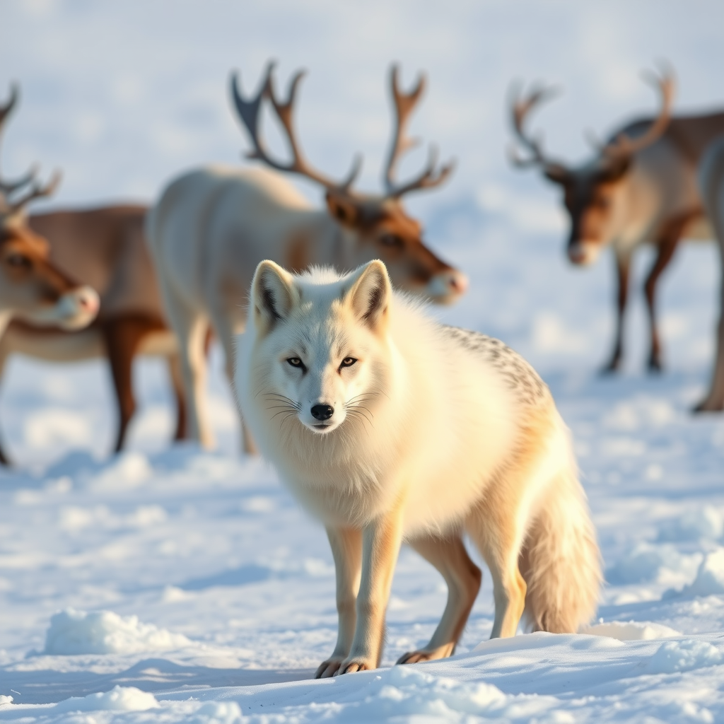 Majestic Arctic fox with thick white winter coat standing in pristine snow, with wild reindeer grazing in the background under the soft Arctic light